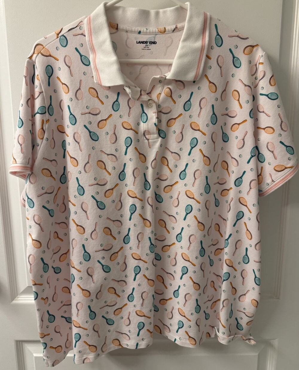 Lands' End Women’s White Polo Shirt Orange & Green Tennis Racquet Print Size 2X